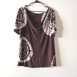 🌟 INC Brown Tie-Dye Short Sleeve Scoop Neck Gold Sequin Blouse Size 1X